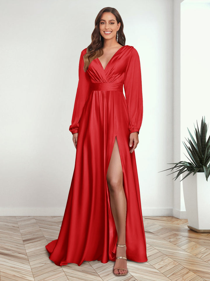 A-Line/Princess V-Neck Long Sleeves FLoor-Length Formal Dresses with Split Side