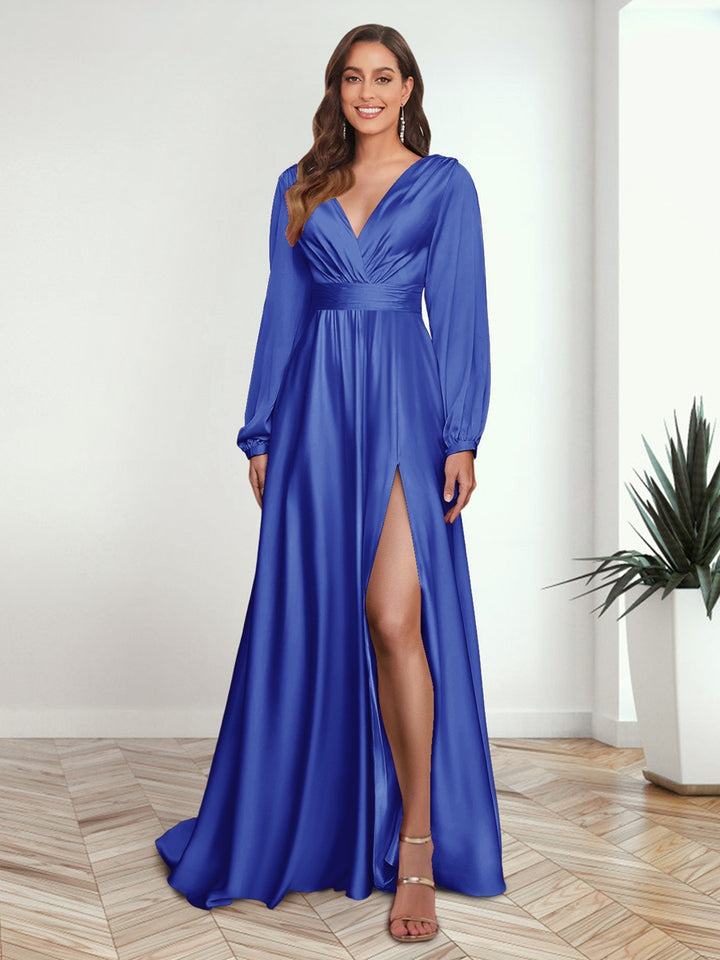 A-Line/Princess V-Neck Long Sleeves FLoor-Length Formal Dresses with Split Side