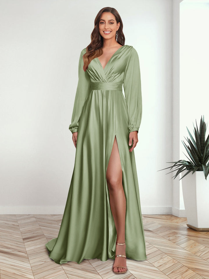 A-Line/Princess V-Neck Long Sleeves FLoor-Length Formal Dresses with Split Side