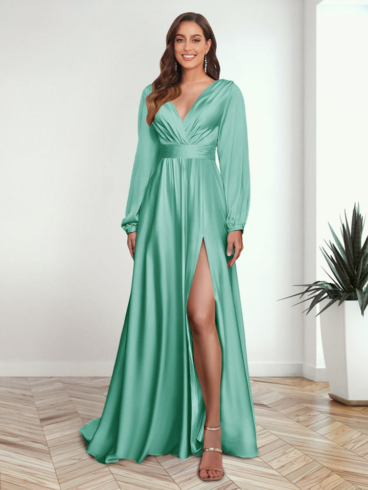 A-Line/Princess V-Neck Long Sleeves FLoor-Length Formal Dresses with Split Side