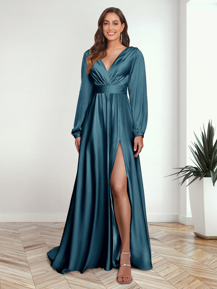 A-Line/Princess V-Neck Long Sleeves FLoor-Length Formal Dresses with Split Side