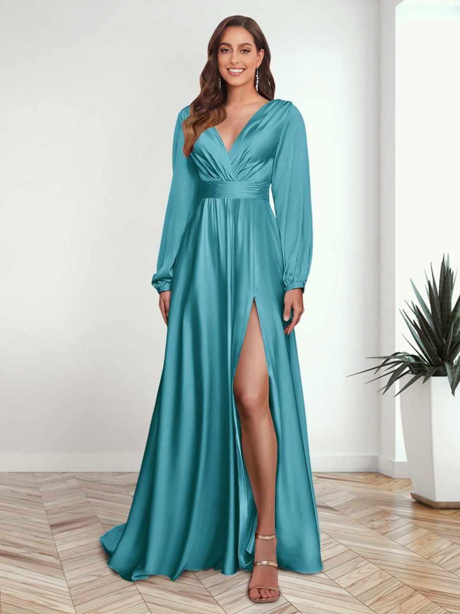 A-Line/Princess V-Neck Long Sleeves FLoor-Length Formal Dresses with Split Side