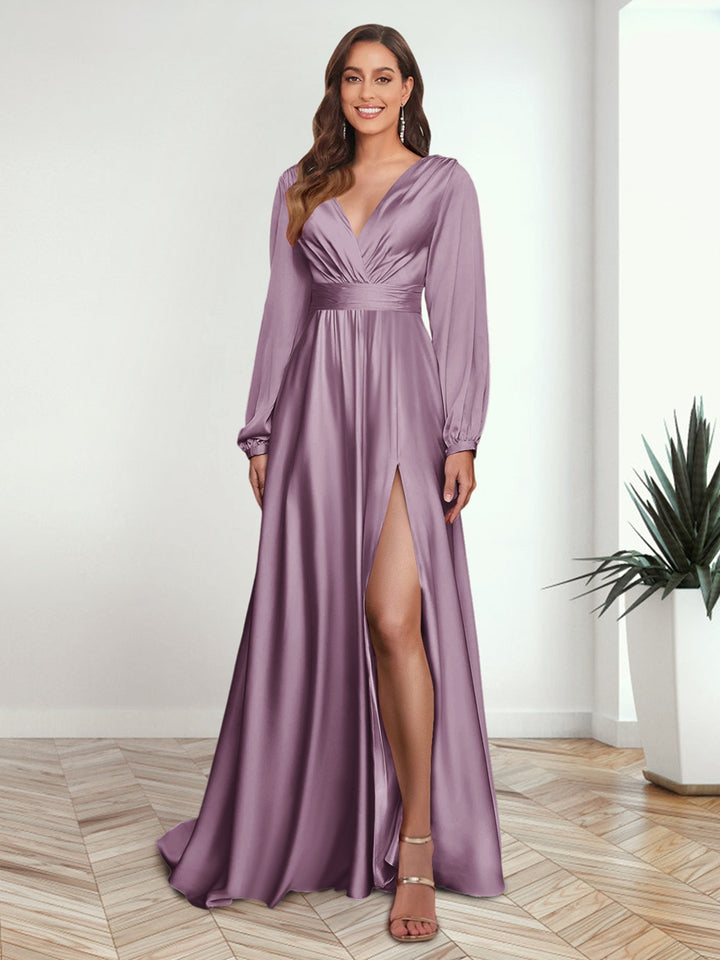 A-Line/Princess V-Neck Long Sleeves FLoor-Length Formal Dresses with Split Side