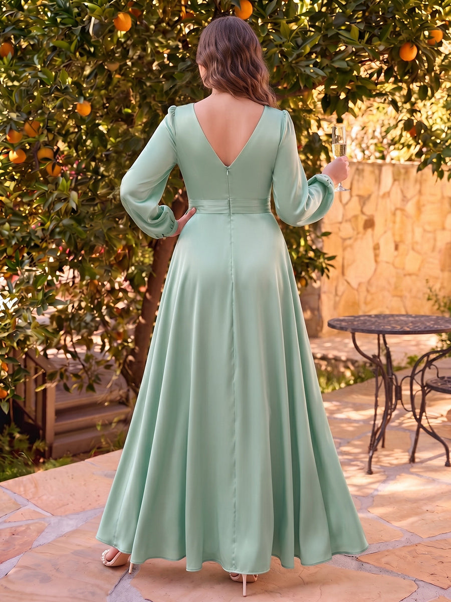 A-Line/Princess V-Neck Long Sleeves Silk Satin Floor-Length Plus Size Bridesmaid Dresses with Split Side