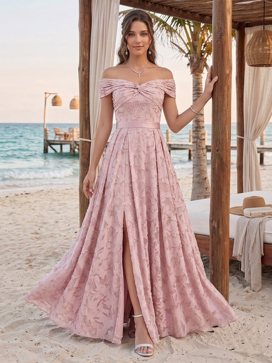 A-Line/Princess Off-the-Shoulder Sleeveless Floor-Length Bridesmaid Dresses With Split Side &amp; Belt