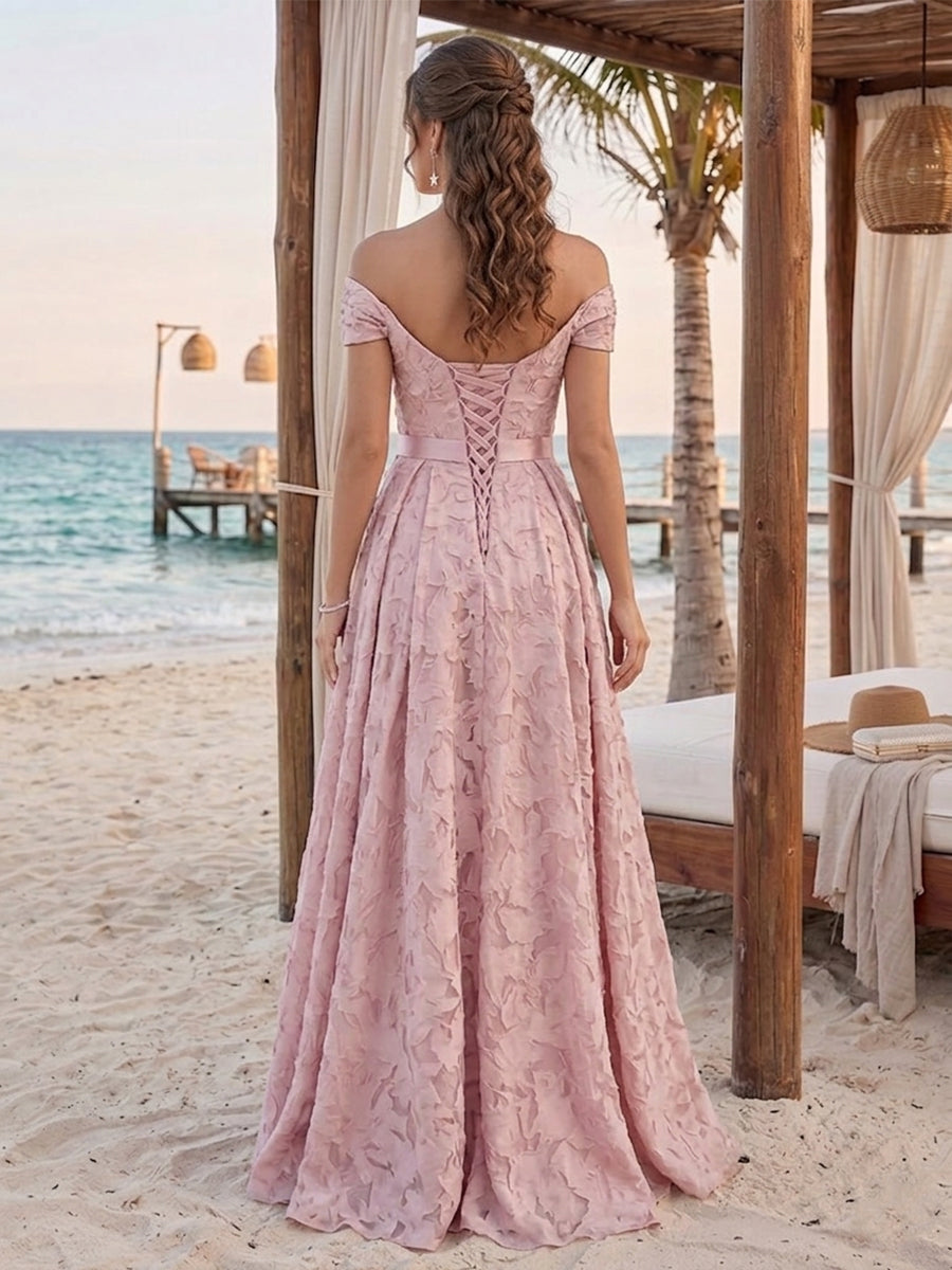 A-Line/Princess Off-the-Shoulder Sleeveless Floor-Length Bridesmaid Dresses With Split Side &amp; Belt