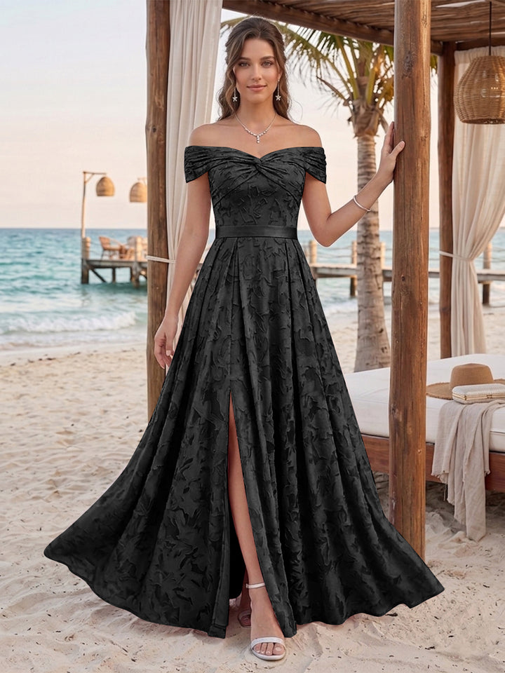 A-Line/Princess Off-the-Shoulder Sleeveless Floor-Length Bridesmaid Dresses With Split Side &amp; Belt