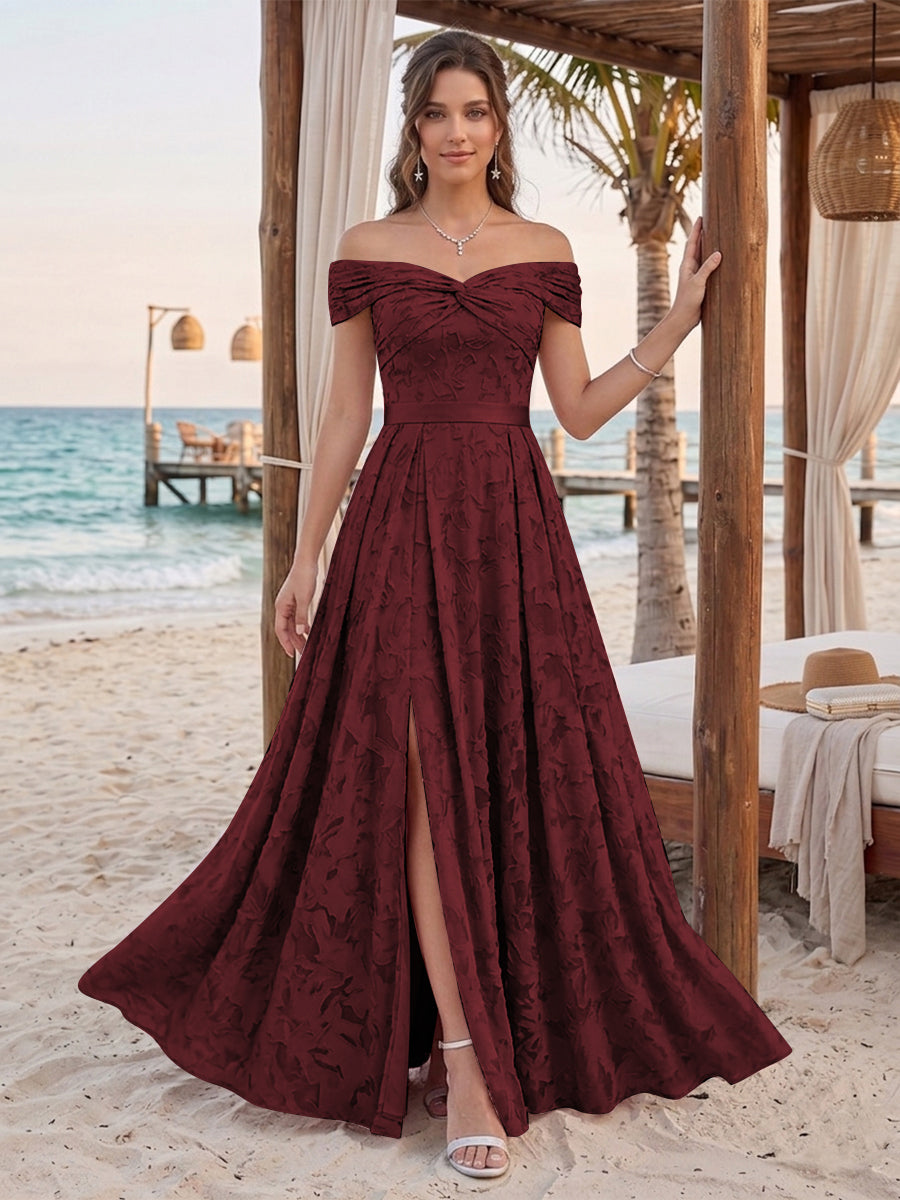A-Line/Princess Off-the-Shoulder Sleeveless Floor-Length Bridesmaid Dresses With Split Side &amp; Belt