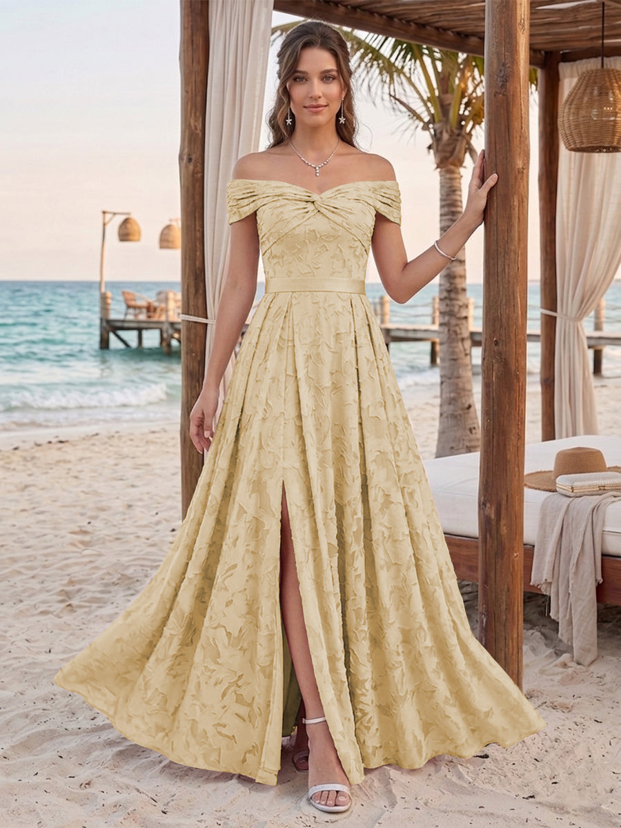 A-Line/Princess Off-the-Shoulder Sleeveless Floor-Length Bridesmaid Dresses With Split Side &amp; Belt