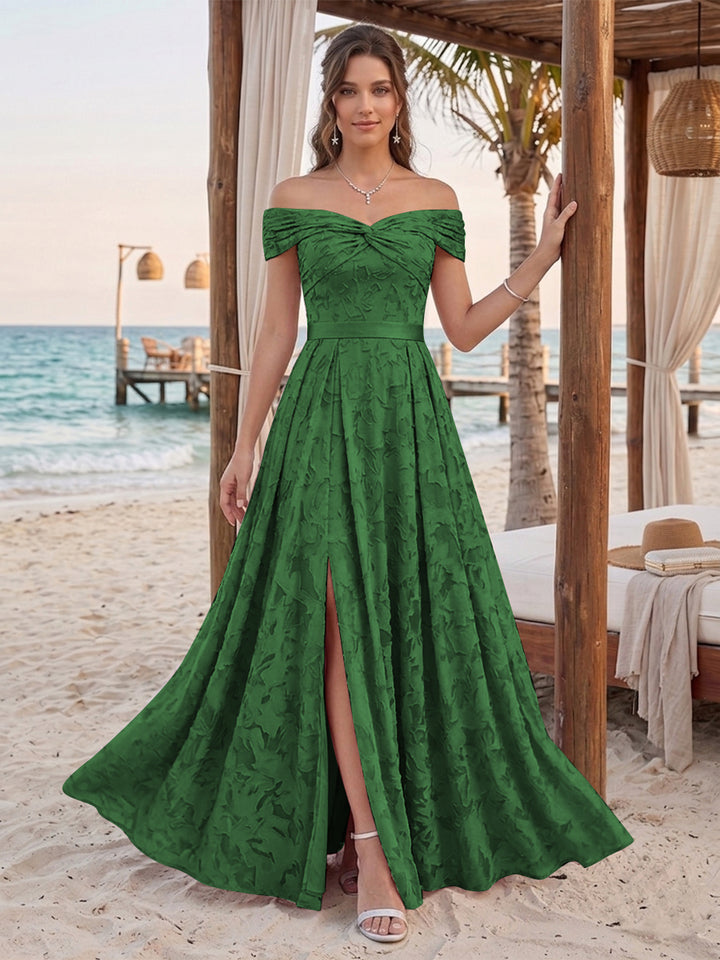 A-Line/Princess Off-the-Shoulder Sleeveless Floor-Length Bridesmaid Dresses With Split Side &amp; Belt