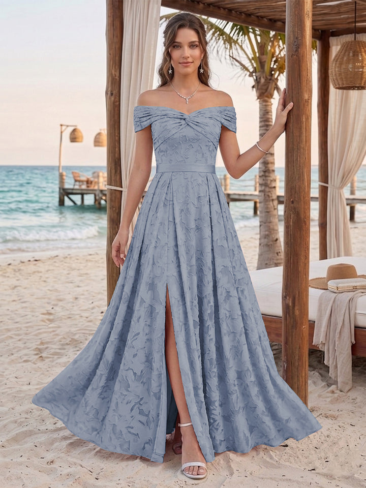 A-Line/Princess Off-the-Shoulder Sleeveless Floor-Length Bridesmaid Dresses With Split Side &amp; Belt
