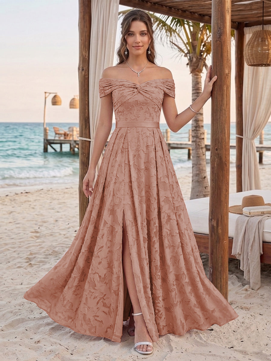 A-Line/Princess Off-the-Shoulder Sleeveless Floor-Length Bridesmaid Dresses With Split Side &amp; Belt