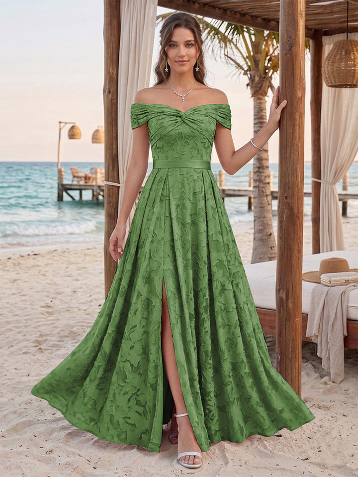 A-Line/Princess Off-the-Shoulder Sleeveless Floor-Length Bridesmaid Dresses With Split Side &amp; Belt