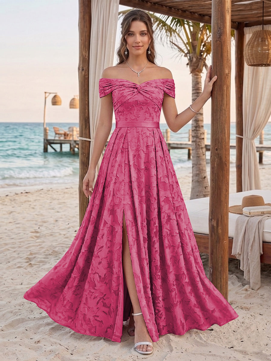A-Line/Princess Off-the-Shoulder Sleeveless Floor-Length Bridesmaid Dresses With Split Side &amp; Belt