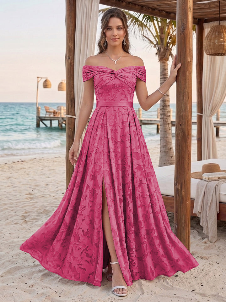 A-Line/Princess Off-the-Shoulder Sleeveless Floor-Length Bridesmaid Dresses With Split Side &amp; Belt
