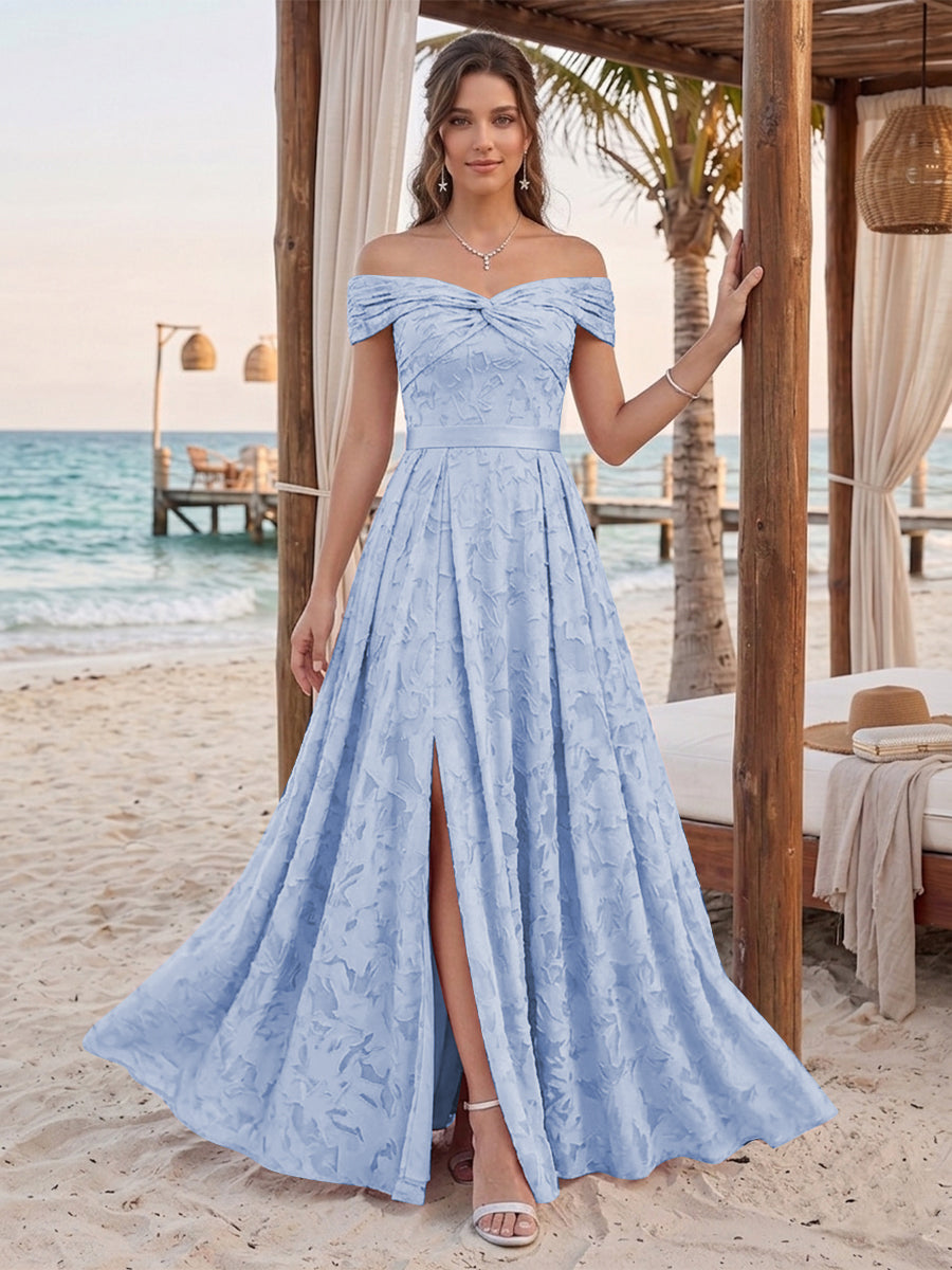 A-Line/Princess Off-the-Shoulder Sleeveless Floor-Length Bridesmaid Dresses With Split Side &amp; Belt