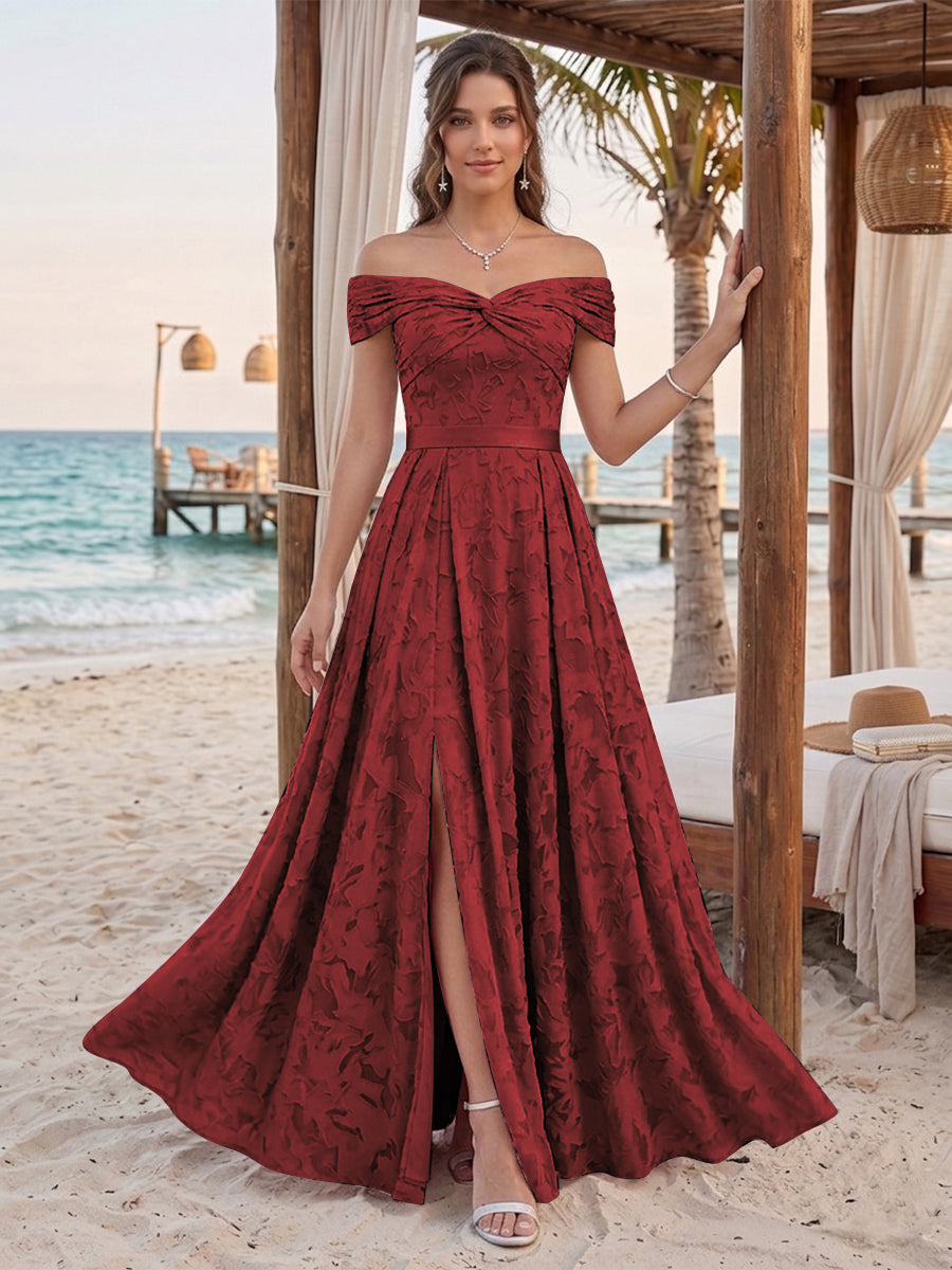 A-Line/Princess Off-the-Shoulder Sleeveless Floor-Length Bridesmaid Dresses With Split Side &amp; Belt