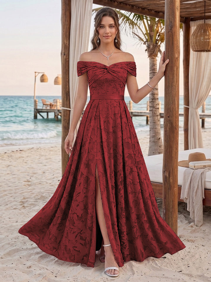 A-Line/Princess Off-the-Shoulder Sleeveless Floor-Length Bridesmaid Dresses With Split Side &amp; Belt