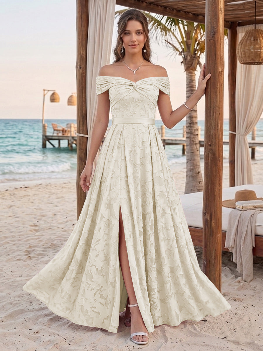 A-Line/Princess Off-the-Shoulder Sleeveless Floor-Length Bridesmaid Dresses With Split Side &amp; Belt