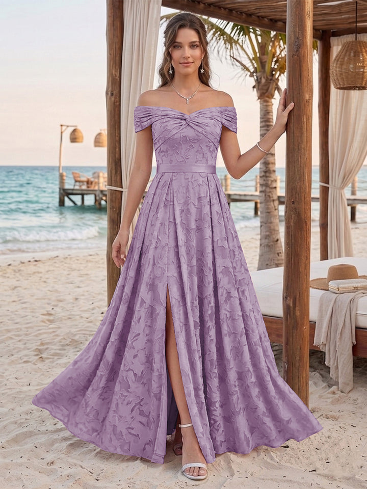 A-Line/Princess Off-the-Shoulder Sleeveless Floor-Length Bridesmaid Dresses With Split Side &amp; Belt