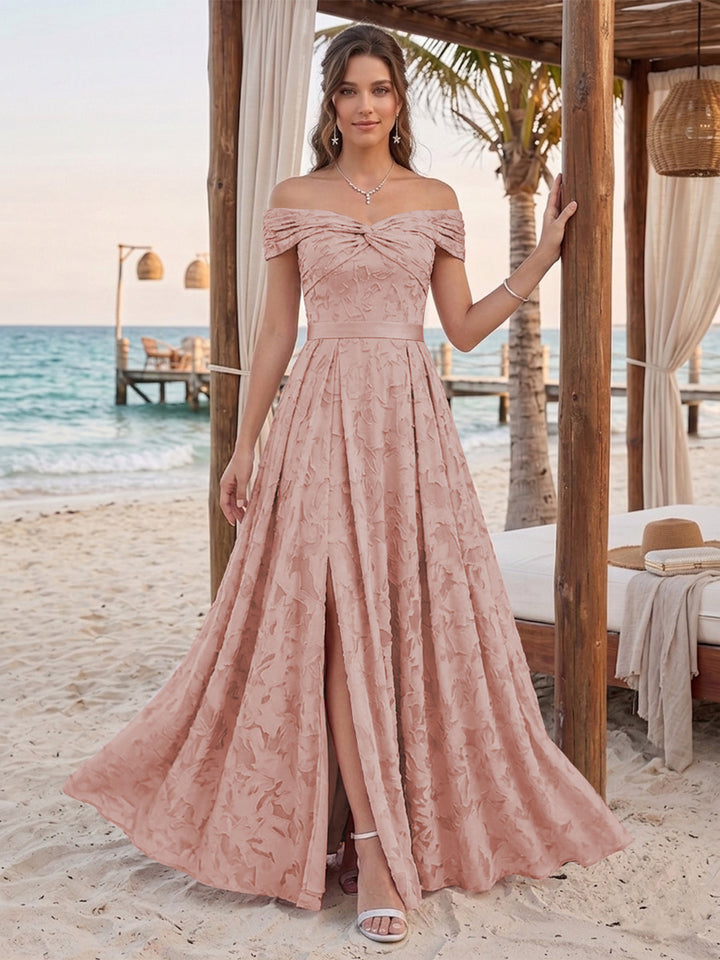 A-Line/Princess Off-the-Shoulder Sleeveless Floor-Length Bridesmaid Dresses With Split Side &amp; Belt
