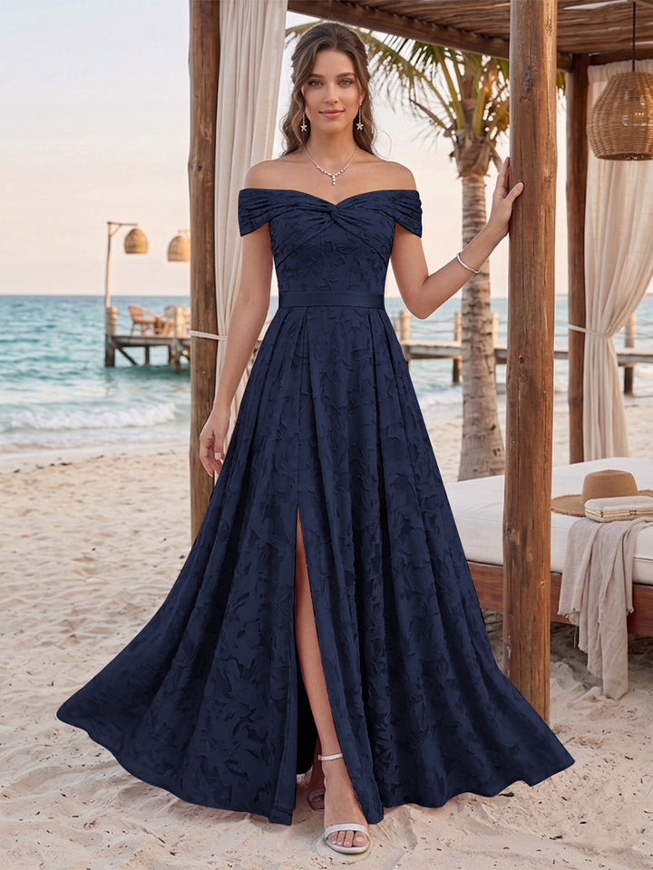 A-Line/Princess Off-the-Shoulder Sleeveless Floor-Length Bridesmaid Dresses With Split Side &amp; Belt