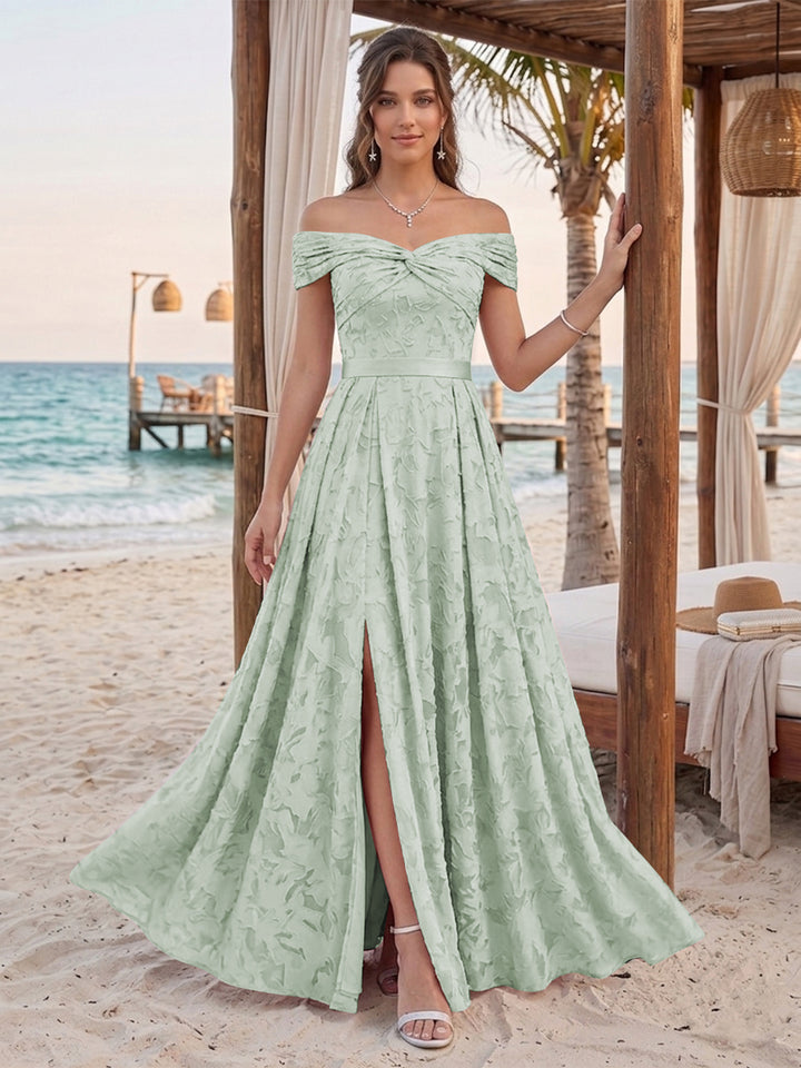 A-Line/Princess Off-the-Shoulder Sleeveless Floor-Length Bridesmaid Dresses With Split Side &amp; Belt