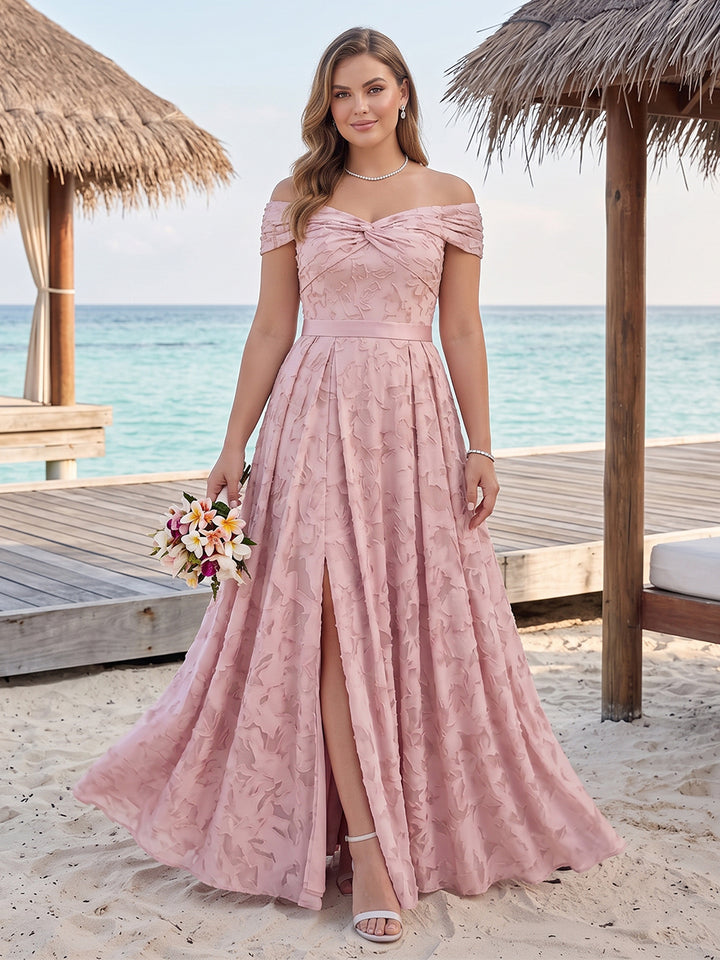 A-Line/Princess Off-the-Shoulder Sleeveless Floor-Length Plus Size Bridesmaid Dresses With Split Side &amp; Belt