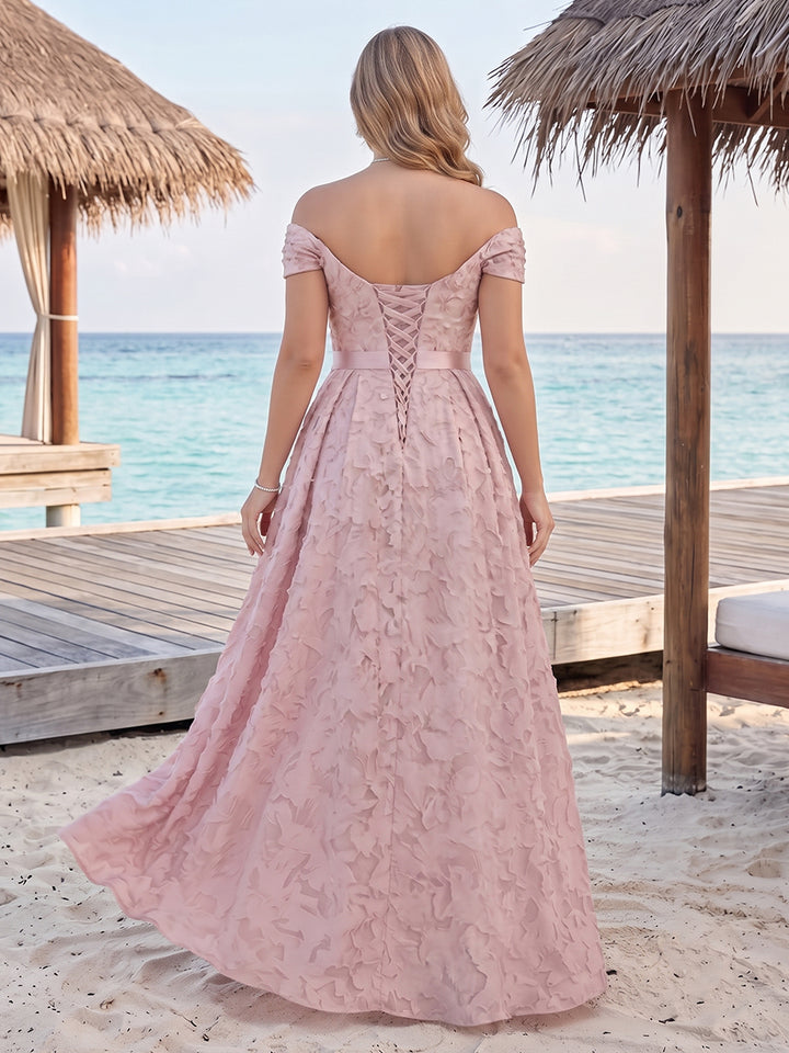 A-Line/Princess Off-the-Shoulder Sleeveless Floor-Length Plus Size Bridesmaid Dresses With Split Side &amp; Belt