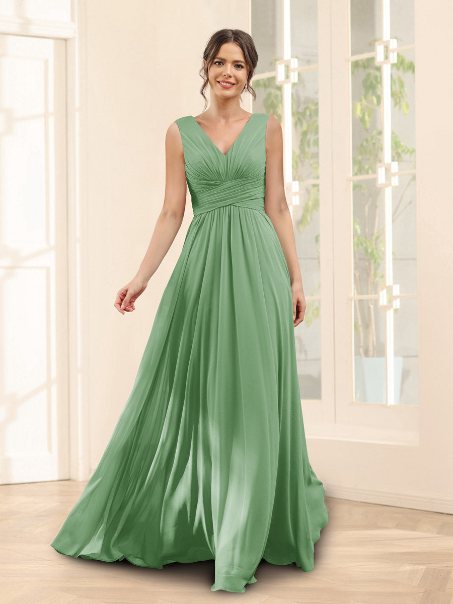 Lavetir Bridesmaid Dresses Dusty Sage A-Line V-Neck Sleeveless Chiffon With Pockets 2026
