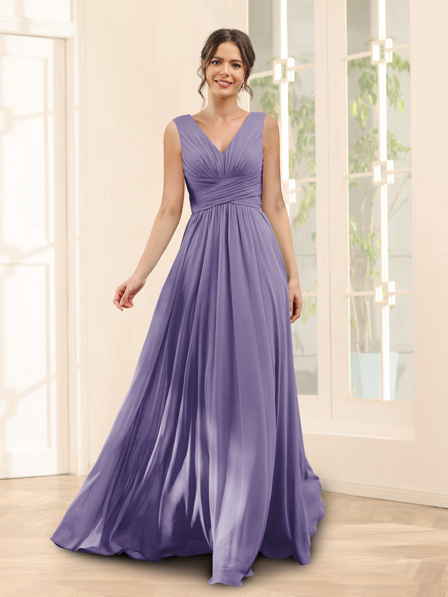 Lavetir Bridesmaid Dresses Dusty Purple A-Line V-Neck Sleeveless Chiffon With Pockets 2026