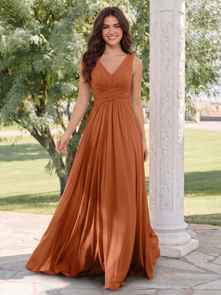 A-Line V-Neck Sleeveless Chiffon Wedding Guest Dresses With Pockets