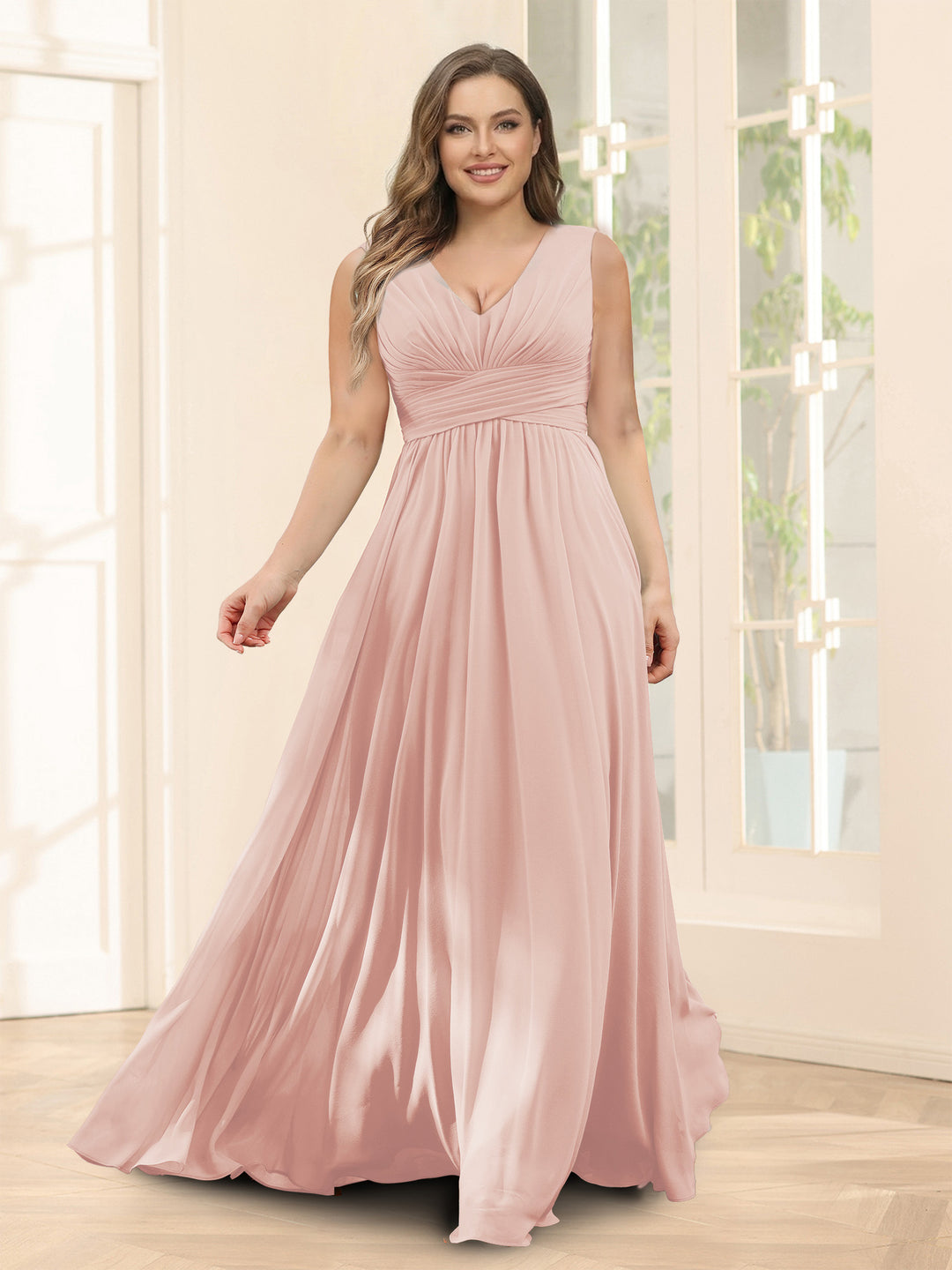 A-Line V-Neck Sleeveless Chiffon Plus Size Bridesmaid Dresses With Pockets
