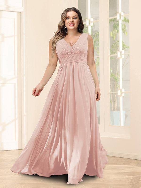 A-Line V-Neck Sleeveless Chiffon Plus Size Bridesmaid Dresses With Pockets