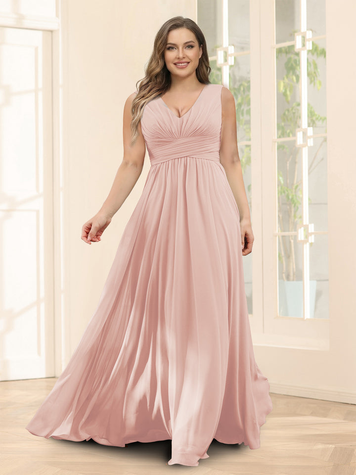 A-Line V-Neck Sleeveless Chiffon Plus Size Bridesmaid Dresses With Pockets