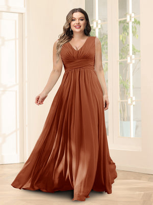 A-Line V-Neck Sleeveless Chiffon Plus Size Bridesmaid Dresses With Pockets