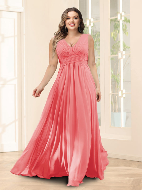 A-Line V-Neck Sleeveless Chiffon Plus Size Bridesmaid Dresses With Pockets