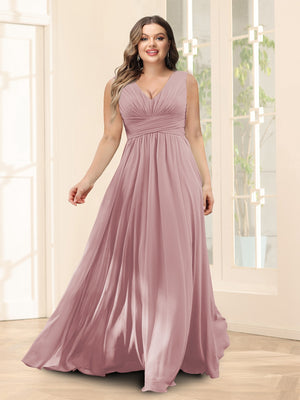 A-Line V-Neck Sleeveless Chiffon Plus Size Bridesmaid Dresses With Pockets