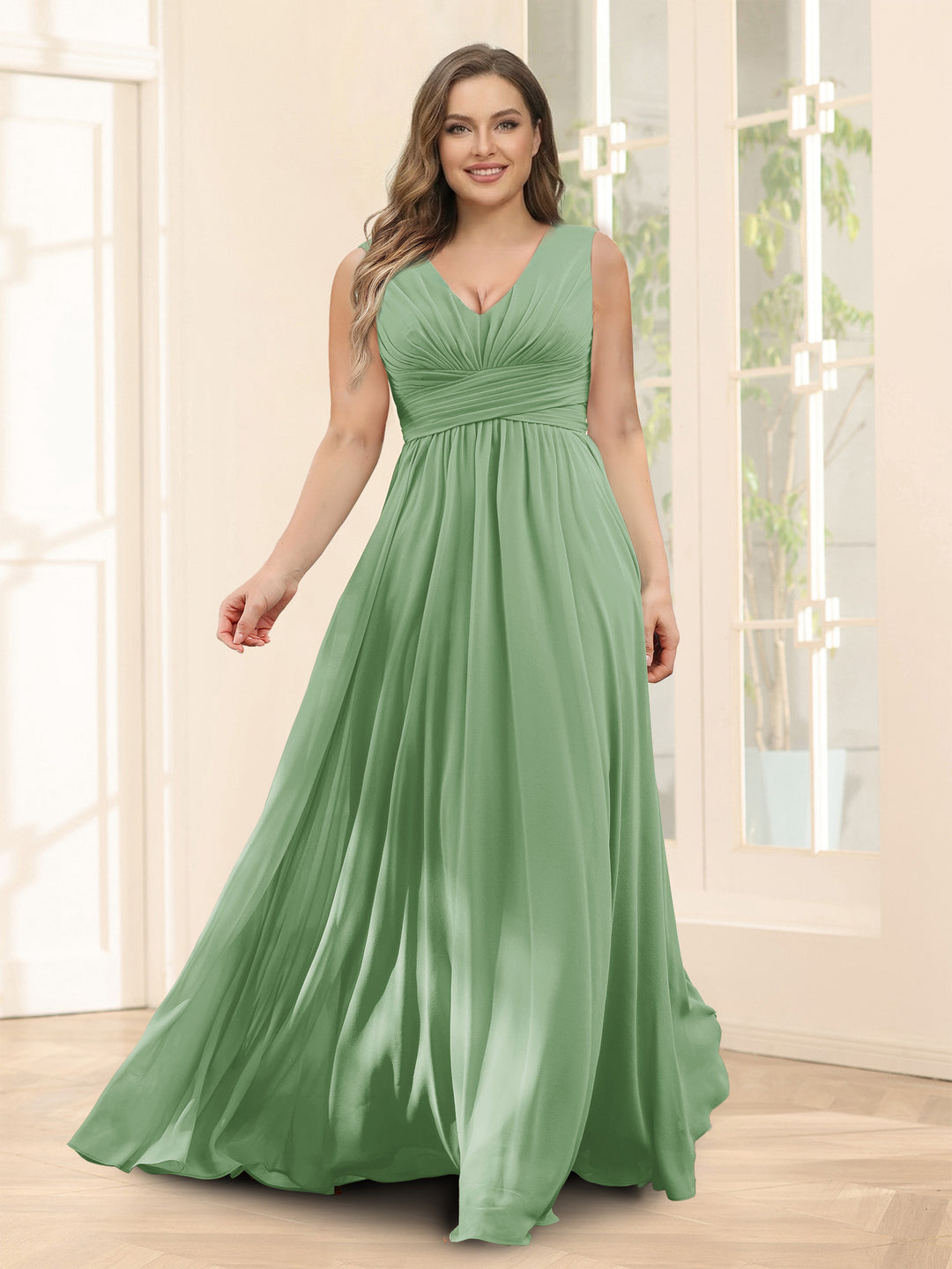 A-Line V-Neck Sleeveless Chiffon Plus Size Bridesmaid Dresses With Pockets