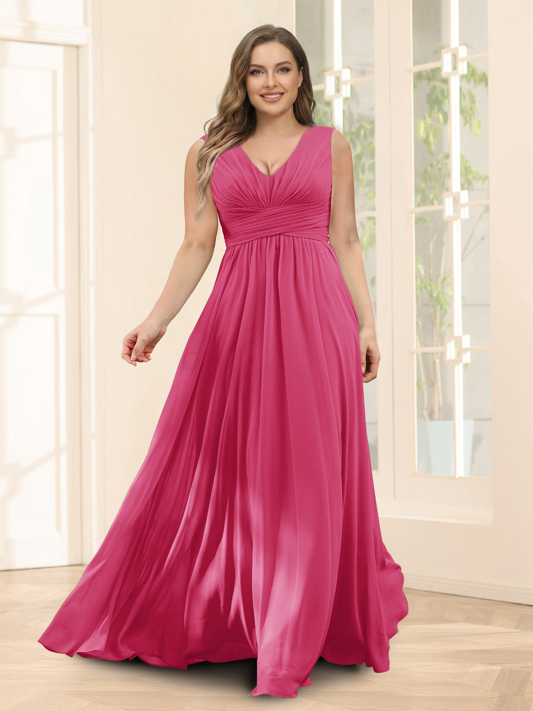 Lavetir Hot Pink A-Line V-Neck Sleeveless Chiffon Plus Size Bridesmaid Dresses With Pockets 2026