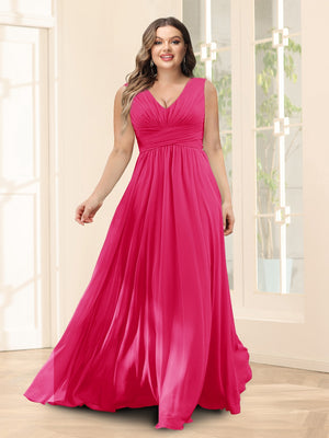 A-Line V-Neck Sleeveless Chiffon Plus Size Bridesmaid Dresses With Pockets