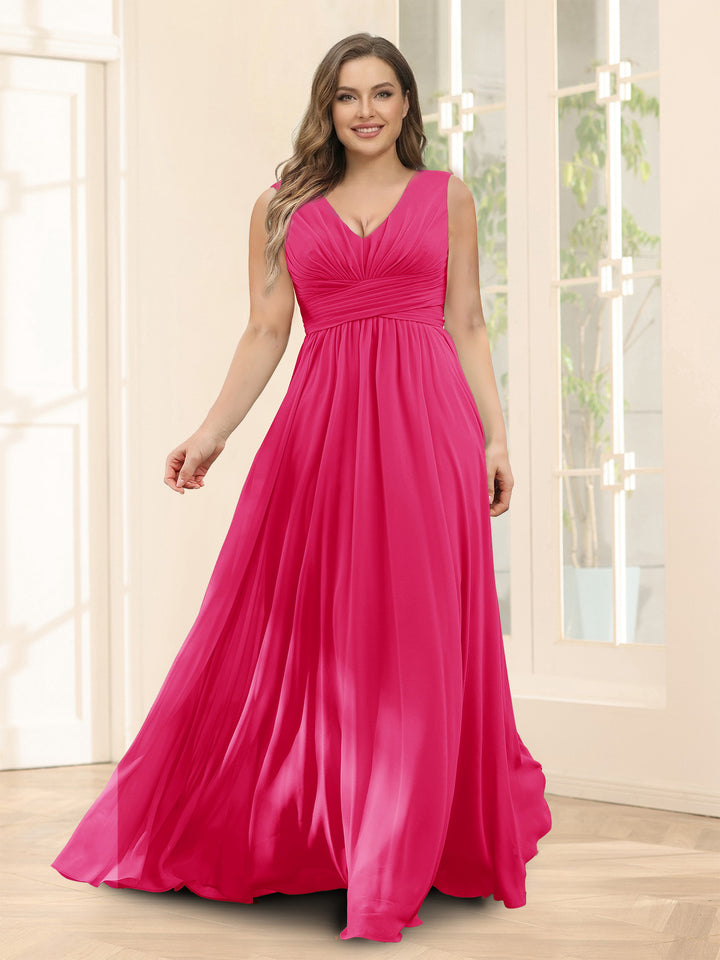 A-Line V-Neck Sleeveless Chiffon Plus Size Bridesmaid Dresses With Pockets