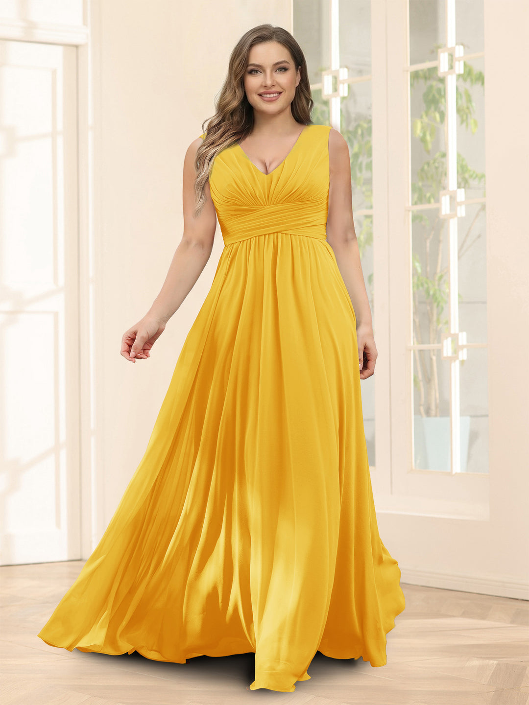A-Line V-Neck Sleeveless Chiffon Plus Size Bridesmaid Dresses With Pockets