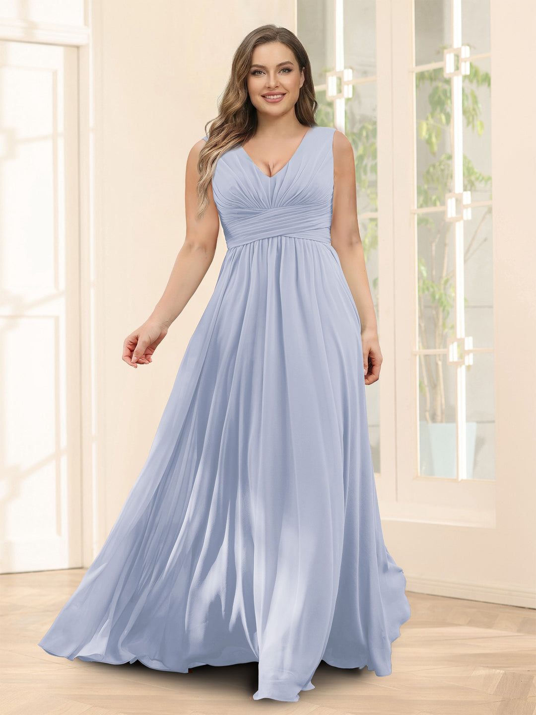 A-Line V-Neck Sleeveless Chiffon Plus Size Bridesmaid Dresses With Pockets