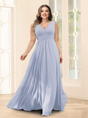 A-Line V-Neck Sleeveless Chiffon Plus Size Bridesmaid Dresses With Pockets