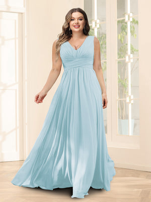 A-Line V-Neck Sleeveless Chiffon Plus Size Bridesmaid Dresses With Pockets
