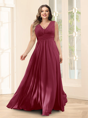 A-Line V-Neck Sleeveless Chiffon Plus Size Bridesmaid Dresses With Pockets