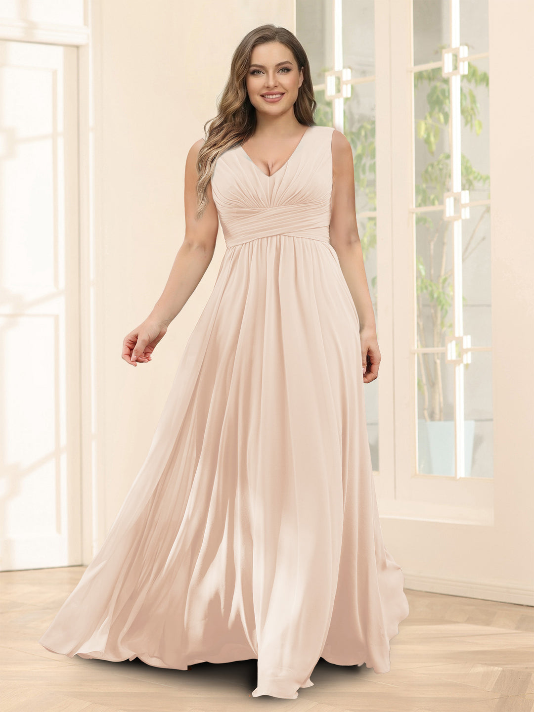 A-Line V-Neck Sleeveless Chiffon Plus Size Bridesmaid Dresses With Pockets