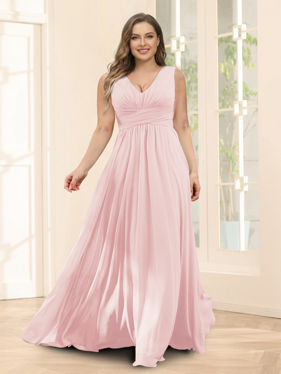 A-Line V-Neck Sleeveless Chiffon Plus Size Bridesmaid Dresses With Pockets