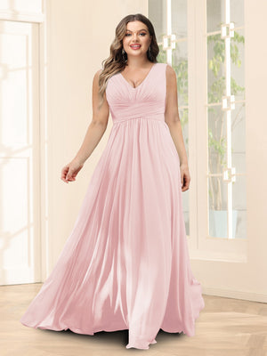 A-Line V-Neck Sleeveless Chiffon Plus Size Bridesmaid Dresses With Pockets